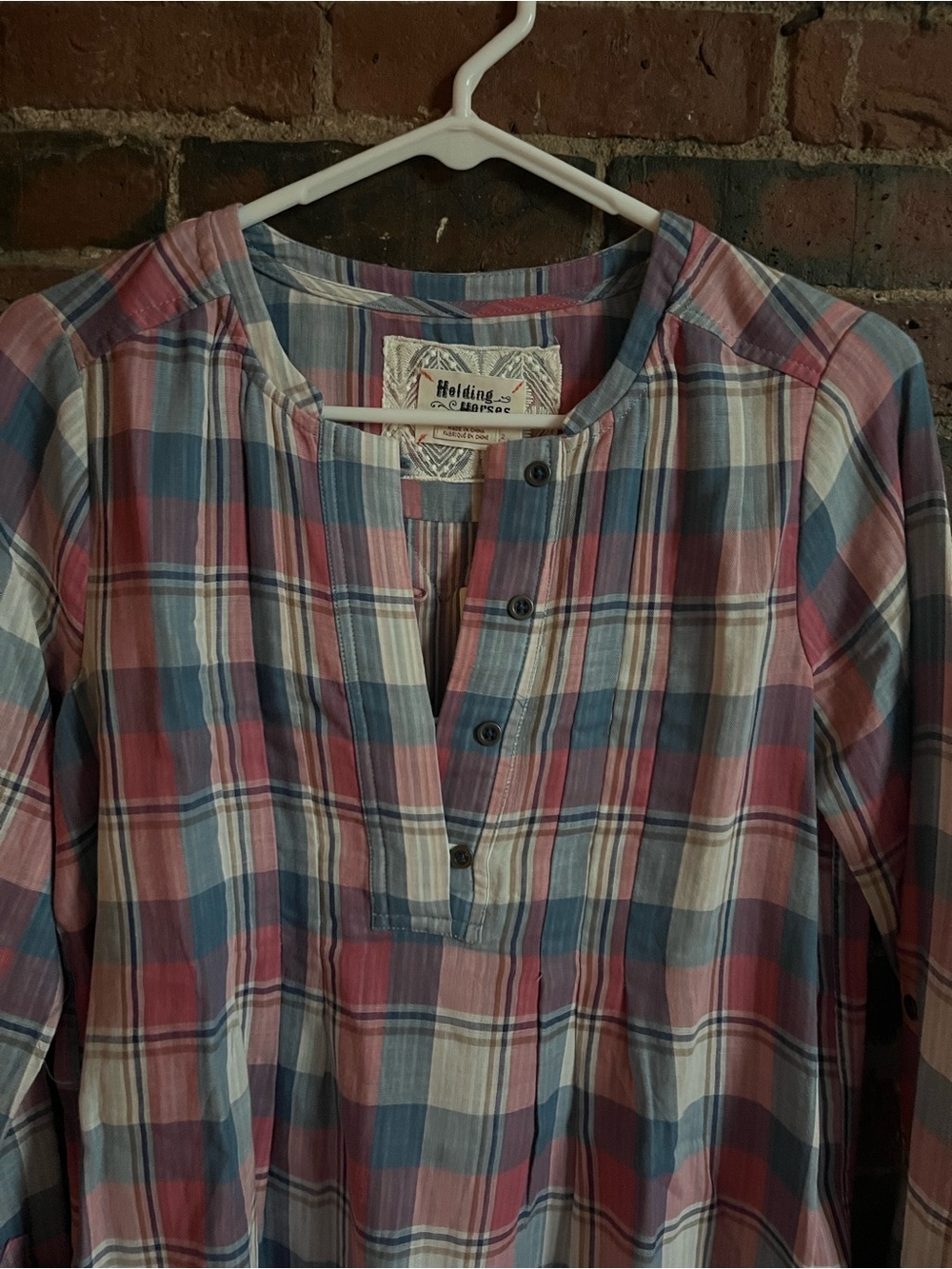 NWT Anthropologie Pink & Blue Plaid  half Button-Front Casual Shirt